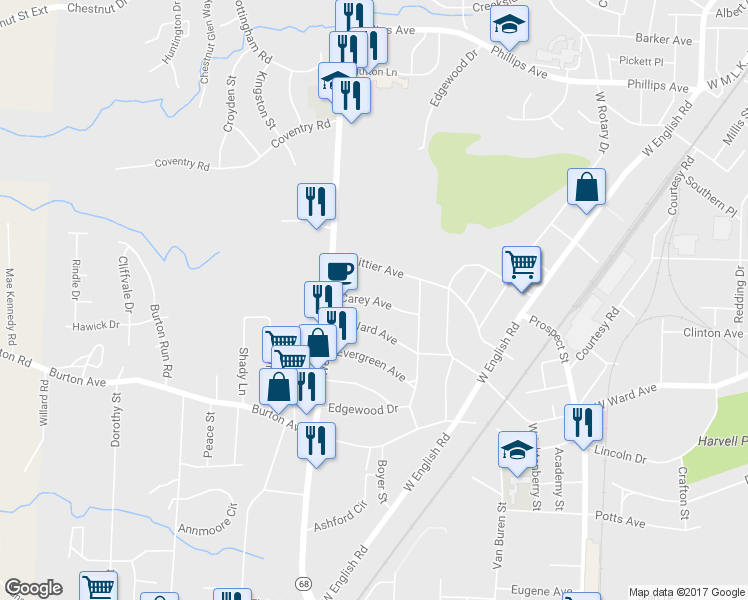 map of restaurants, bars, coffee shops, grocery stores, and more near 417 Carey Avenue in High Point