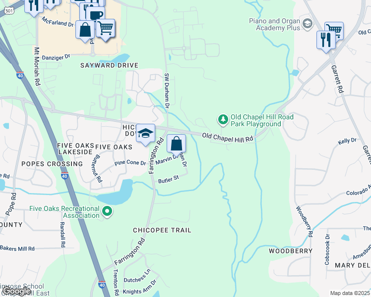 map of restaurants, bars, coffee shops, grocery stores, and more near 4117 Buchanan Drive in Durham