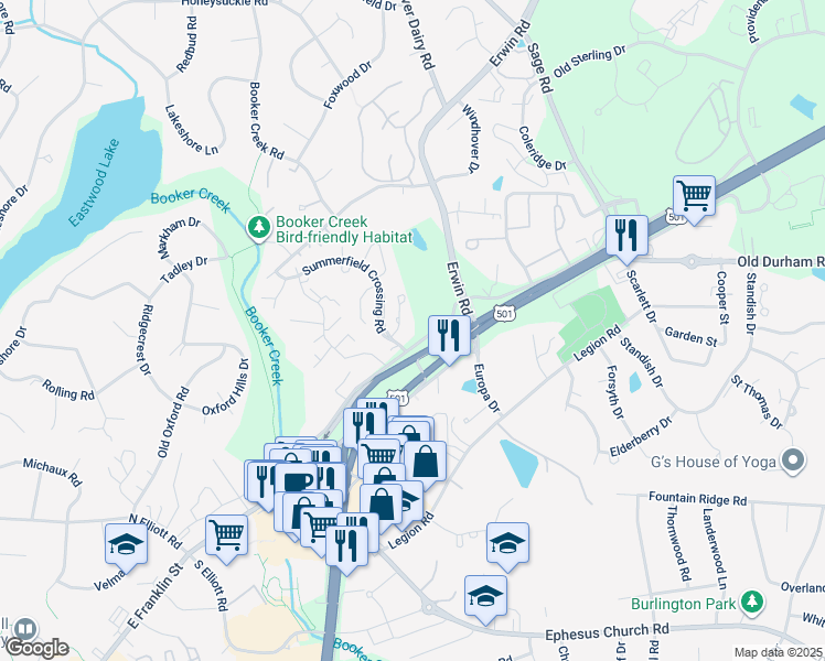 map of restaurants, bars, coffee shops, grocery stores, and more near 104 Woodbridge Lane in Chapel Hill