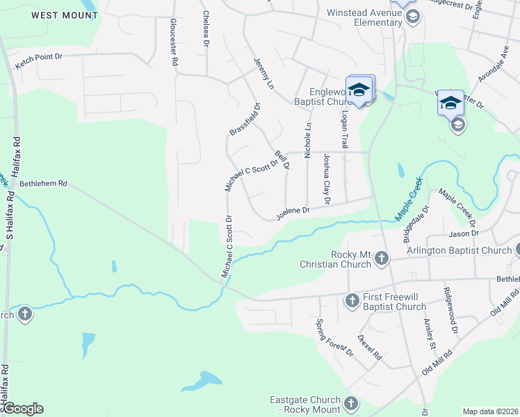 map of restaurants, bars, coffee shops, grocery stores, and more near 2155 Joelene Drive in Rocky Mount