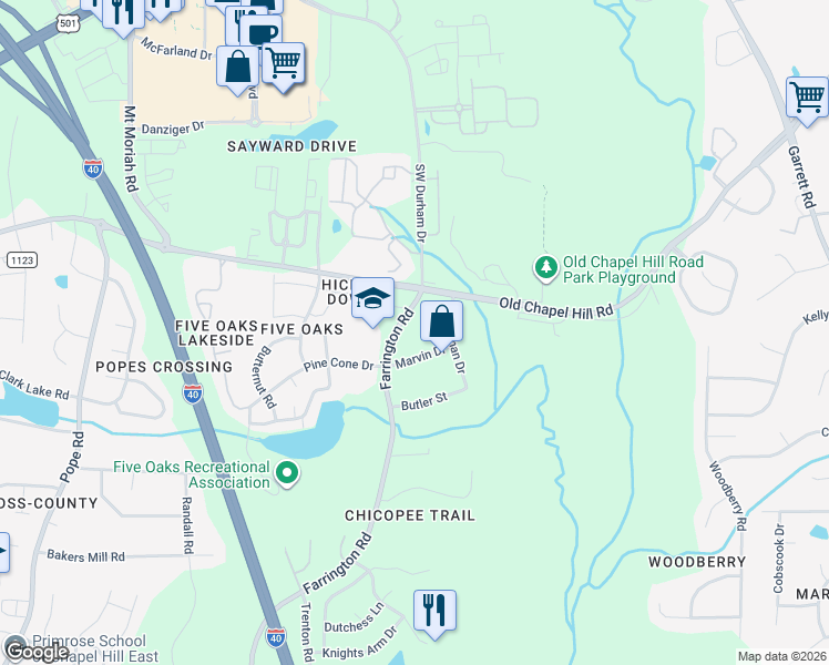 map of restaurants, bars, coffee shops, grocery stores, and more near 4135 Farrington Road in Durham