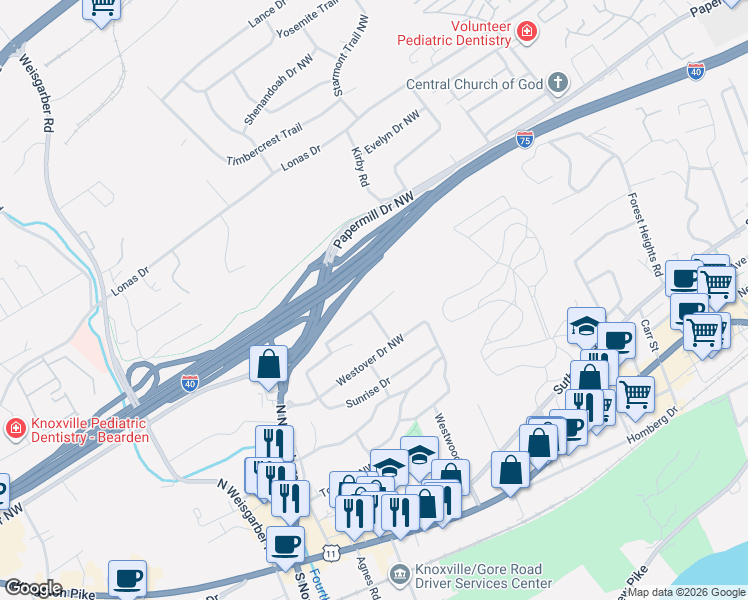 map of restaurants, bars, coffee shops, grocery stores, and more near 812 Fairfield Road in Knoxville