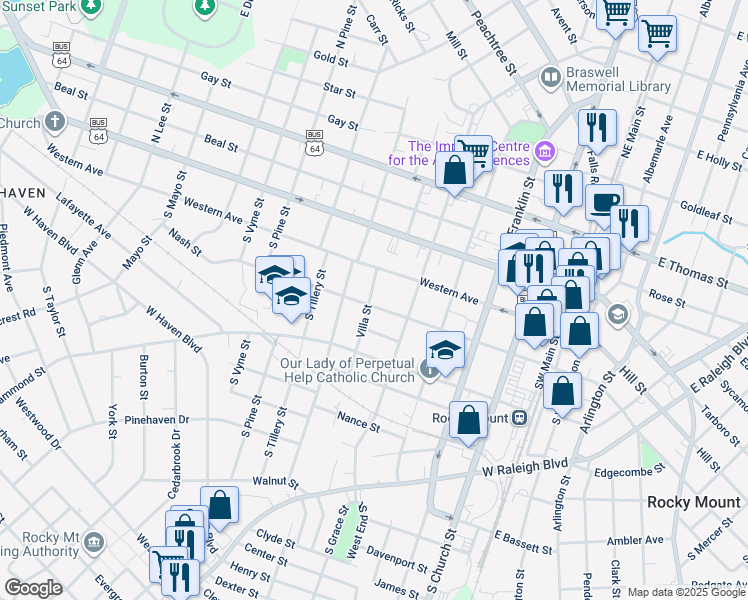 map of restaurants, bars, coffee shops, grocery stores, and more near 536 Nash Street in Rocky Mount