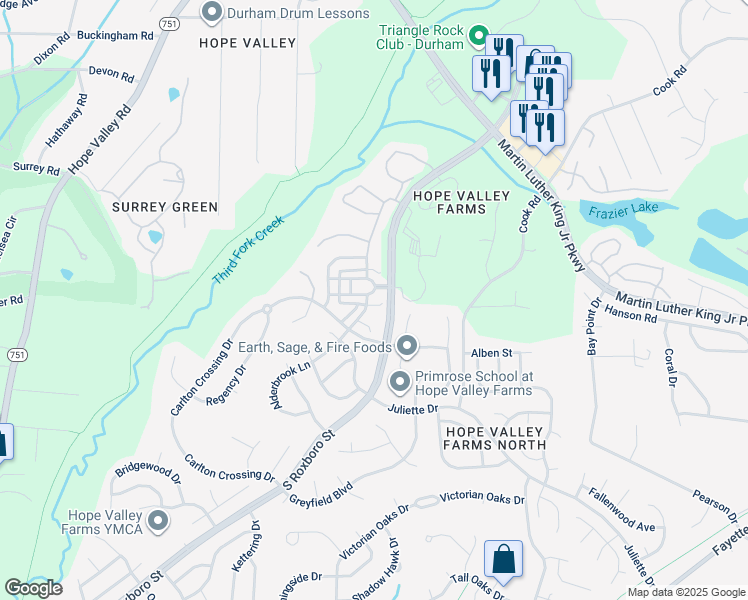 map of restaurants, bars, coffee shops, grocery stores, and more near 4202 Cherry Blossom Circle in Durham