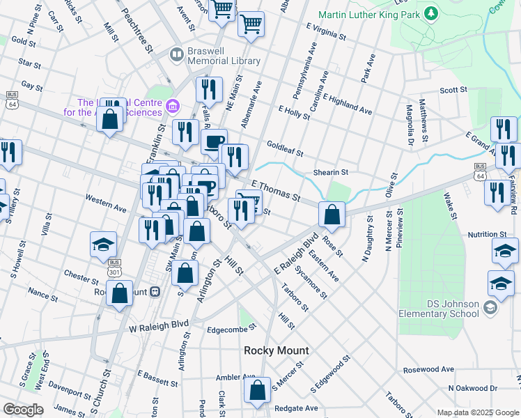 map of restaurants, bars, coffee shops, grocery stores, and more near 252 Rose Street in Rocky Mount