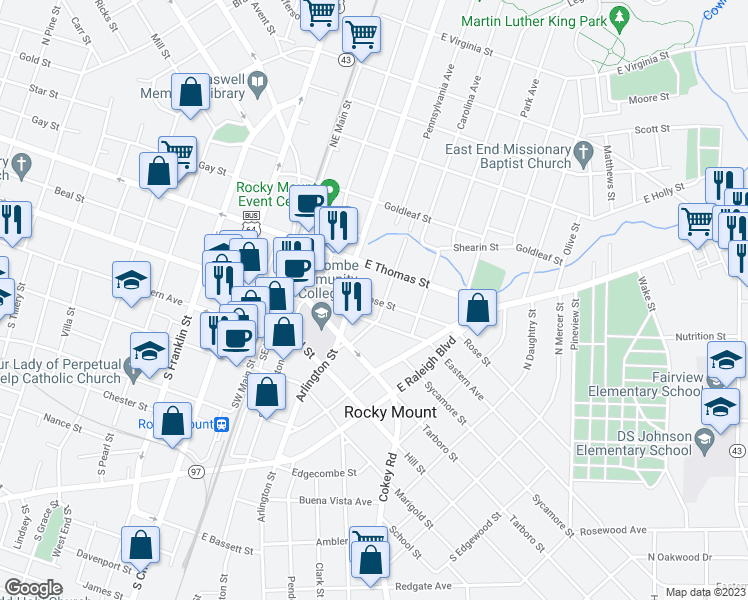 map of restaurants, bars, coffee shops, grocery stores, and more near 246 Rose Street in Rocky Mount