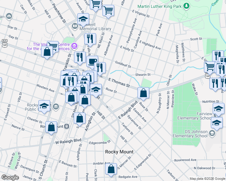 map of restaurants, bars, coffee shops, grocery stores, and more near 200 Lexington Street in Rocky Mount