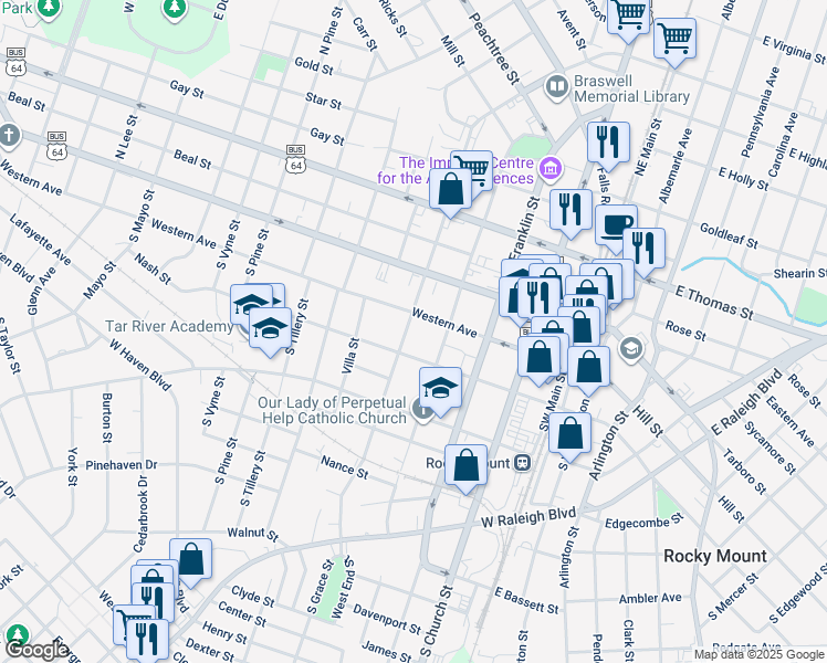 map of restaurants, bars, coffee shops, grocery stores, and more near 224 South Pearl Street in Rocky Mount