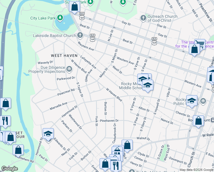map of restaurants, bars, coffee shops, grocery stores, and more near 1021 West Haven Boulevard in Rocky Mount