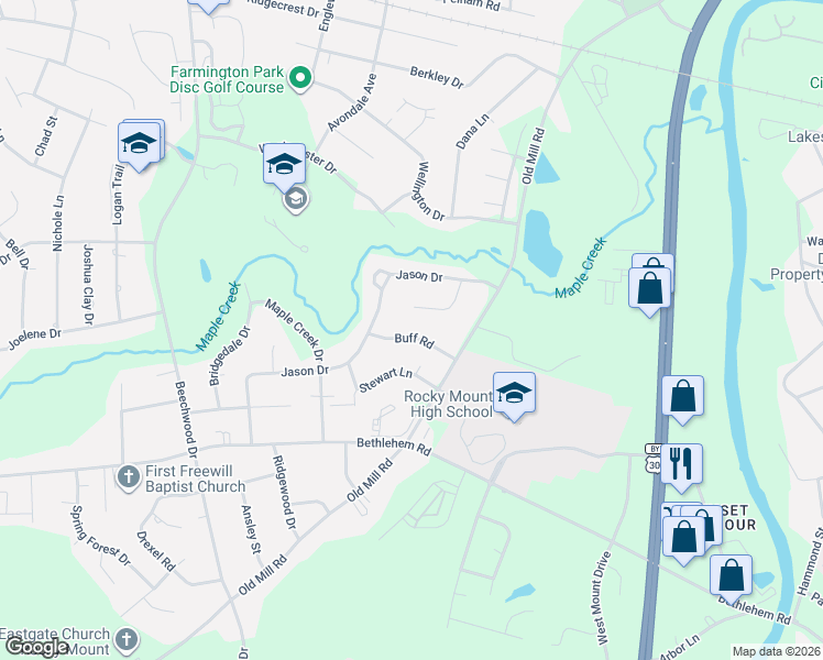 map of restaurants, bars, coffee shops, grocery stores, and more near 2717 Buff Road in Rocky Mount