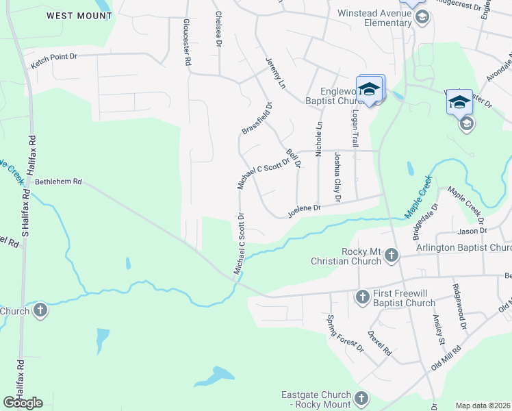 map of restaurants, bars, coffee shops, grocery stores, and more near 1333 Michael C Scott Drive in Rocky Mount