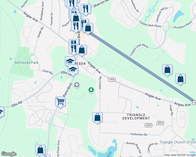 map of restaurants, bars, coffee shops, grocery stores, and more near 813 Glenco Road in Durham