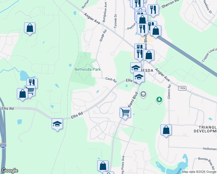 map of restaurants, bars, coffee shops, grocery stores, and more near 2 Suncrest Court in Durham