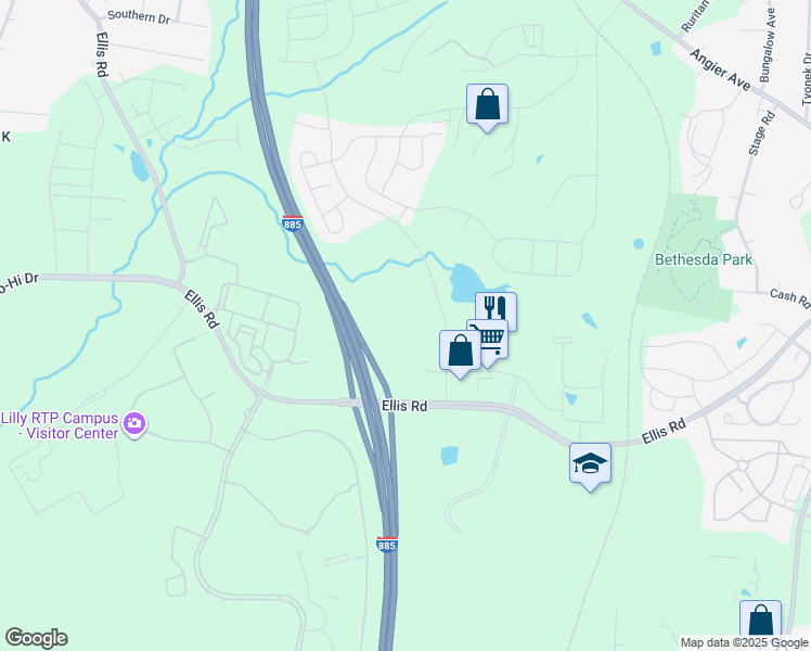 map of restaurants, bars, coffee shops, grocery stores, and more near 2109 Ellis Road in Durham