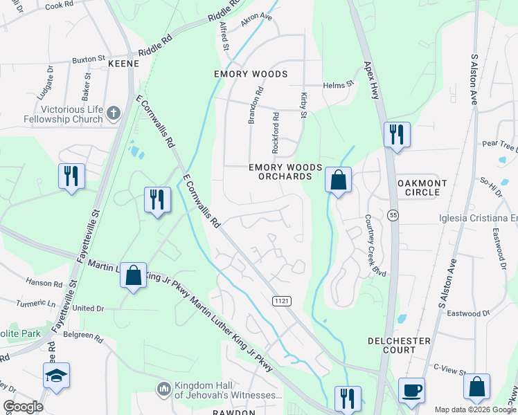 map of restaurants, bars, coffee shops, grocery stores, and more near 3501 Century Oaks Drive in Durham