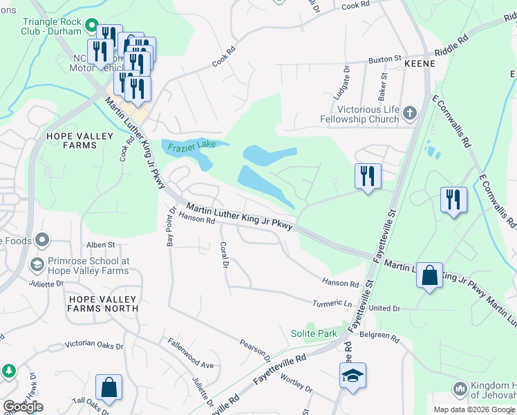 map of restaurants, bars, coffee shops, grocery stores, and more near 617 Hanson Road in Durham