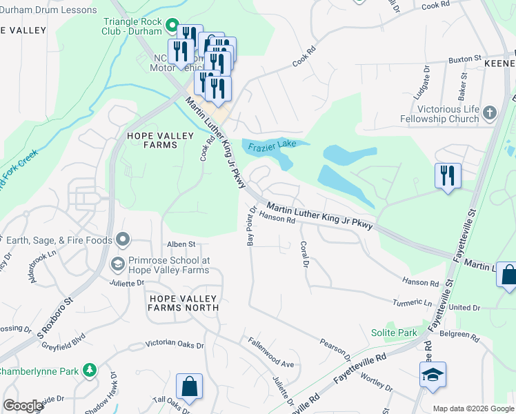 map of restaurants, bars, coffee shops, grocery stores, and more near 3 Stepney Court in Durham