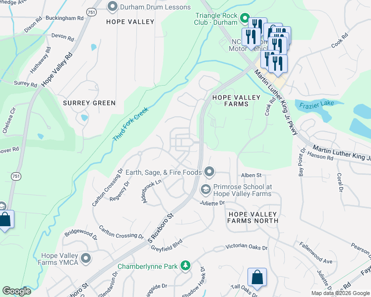 map of restaurants, bars, coffee shops, grocery stores, and more near 4300 Brynwood Avenue in Durham