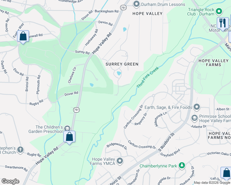 map of restaurants, bars, coffee shops, grocery stores, and more near 32 Lytham Lane in Durham