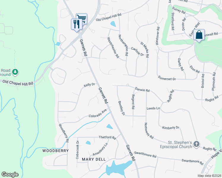 map of restaurants, bars, coffee shops, grocery stores, and more near 3755 Bentley Drive in Durham