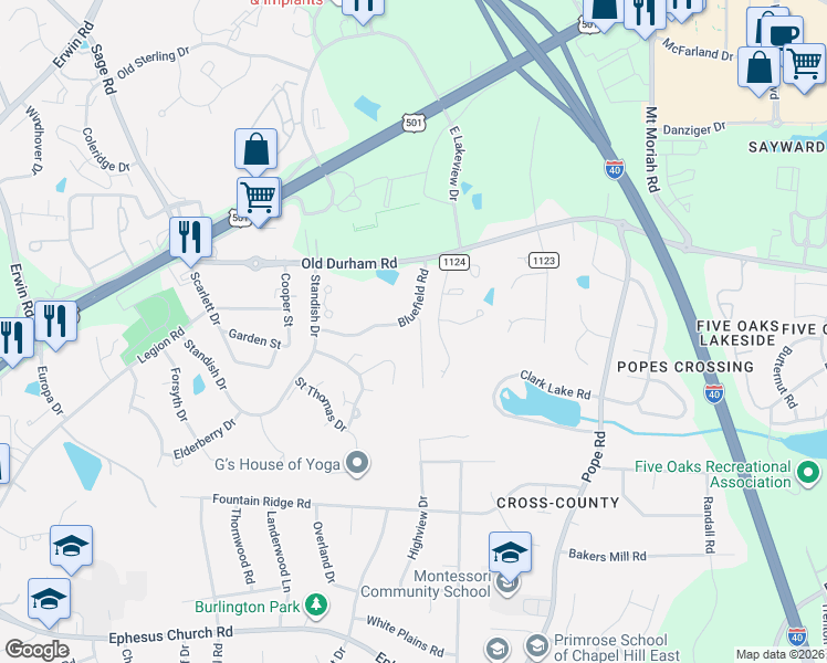 map of restaurants, bars, coffee shops, grocery stores, and more near 204 Charleston Lane in Chapel Hill