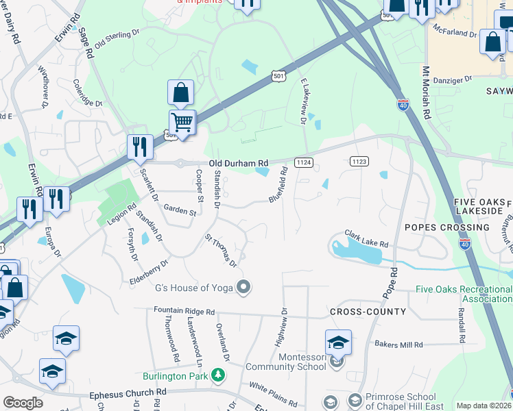 map of restaurants, bars, coffee shops, grocery stores, and more near 114 Duchess Lane in Chapel Hill