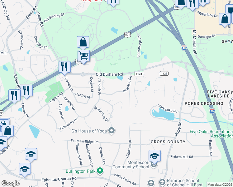 map of restaurants, bars, coffee shops, grocery stores, and more near 114 Duchess Lane in Chapel Hill