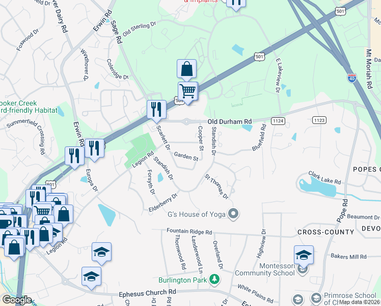 map of restaurants, bars, coffee shops, grocery stores, and more near 108 Garden Street in Chapel Hill