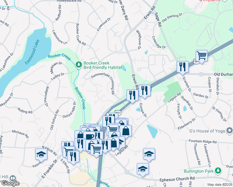 map of restaurants, bars, coffee shops, grocery stores, and more near 102 Beaver Dam Court in Chapel Hill