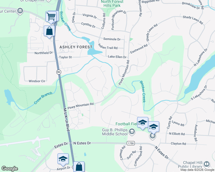 map of restaurants, bars, coffee shops, grocery stores, and more near 110 Pinchot Lane in Chapel Hill