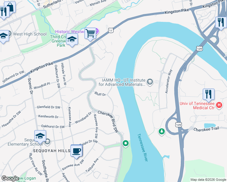 map of restaurants, bars, coffee shops, grocery stores, and more near 802 Bluff Drive in Knoxville