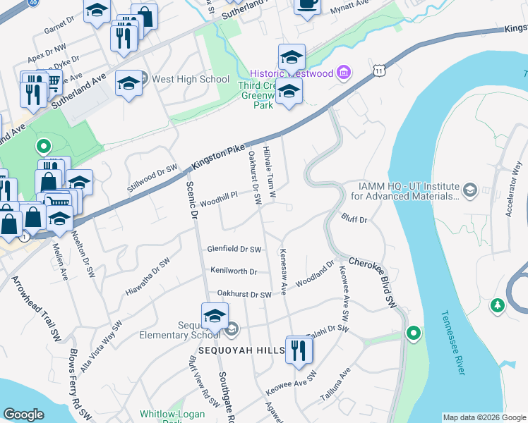 map of restaurants, bars, coffee shops, grocery stores, and more near 606 Oakhurst Drive Southwest in Knoxville