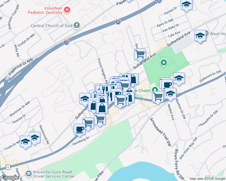 map of restaurants, bars, coffee shops, grocery stores, and more near 4869 Chambliss Avenue in Knoxville