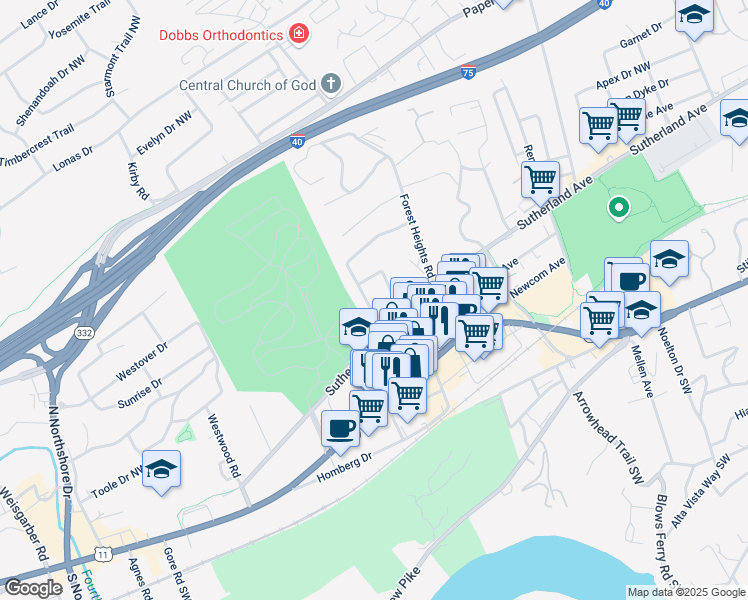 map of restaurants, bars, coffee shops, grocery stores, and more near 421 Highland Hills Road in Knoxville