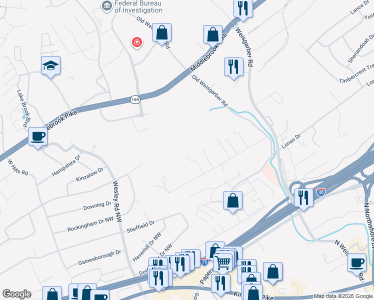 map of restaurants, bars, coffee shops, grocery stores, and more near 6625 Jefferson Place in Knoxville