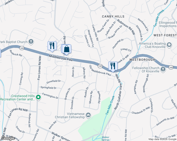 map of restaurants, bars, coffee shops, grocery stores, and more near 1116 Albany Road in Knoxville