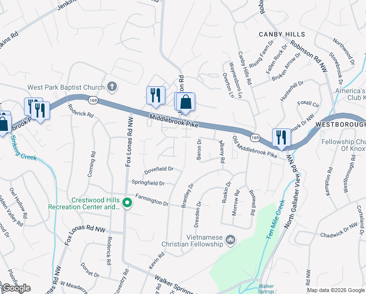 map of restaurants, bars, coffee shops, grocery stores, and more near 1116 Kevin Road in Knoxville