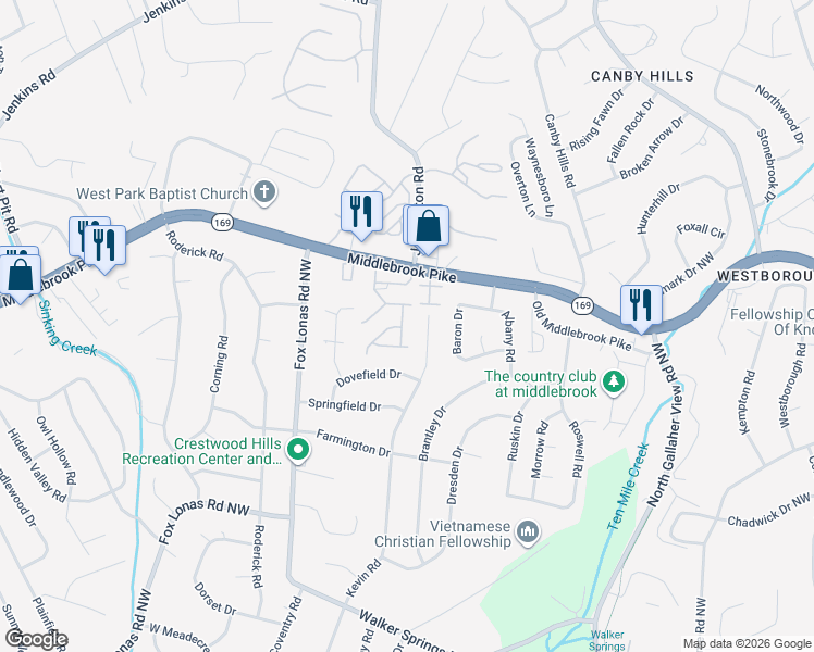 map of restaurants, bars, coffee shops, grocery stores, and more near 1102 Firethorne Way in Knoxville