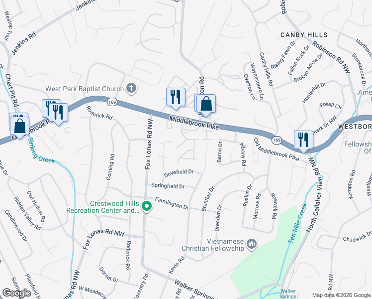 map of restaurants, bars, coffee shops, grocery stores, and more near 1102 Firethorne Way in Knoxville