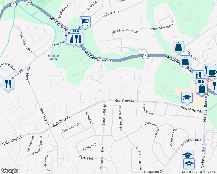 map of restaurants, bars, coffee shops, grocery stores, and more near 1225 Wilkinson Road in Knoxville