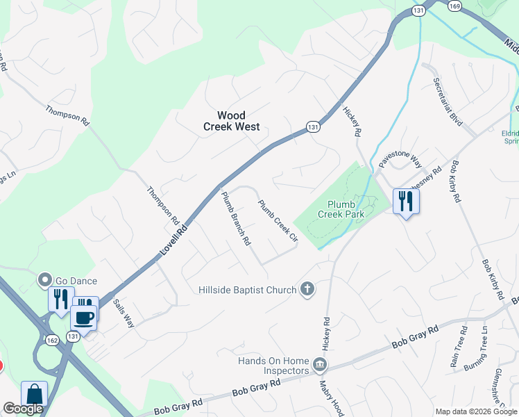map of restaurants, bars, coffee shops, grocery stores, and more near 10203 Green Spring Lane in Knoxville