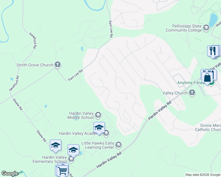 map of restaurants, bars, coffee shops, grocery stores, and more near 2519 Brooke Willow Boulevard in Knoxville