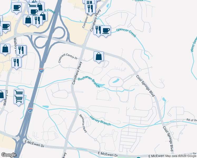 map of restaurants, bars, coffee shops, grocery stores, and more near 535 Brennan Lane in Franklin