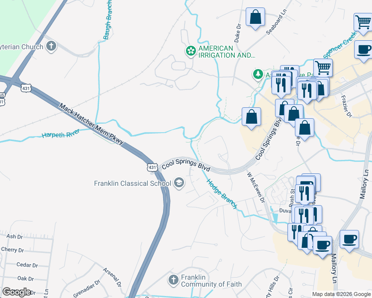 map of restaurants, bars, coffee shops, grocery stores, and more near 151-199 Cool Springs Blvd in Franklin