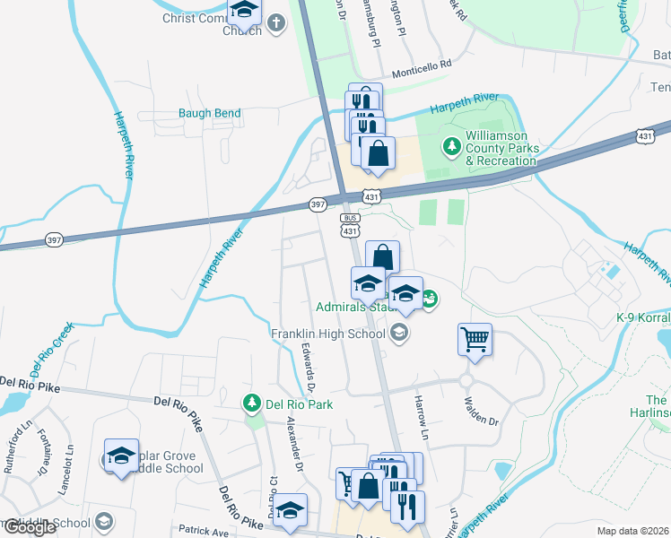 map of restaurants, bars, coffee shops, grocery stores, and more near 827 Victoria Drive in Franklin