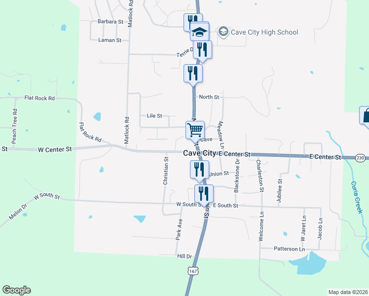 map of restaurants, bars, coffee shops, grocery stores, and more near 117 West Center Street in Cave City