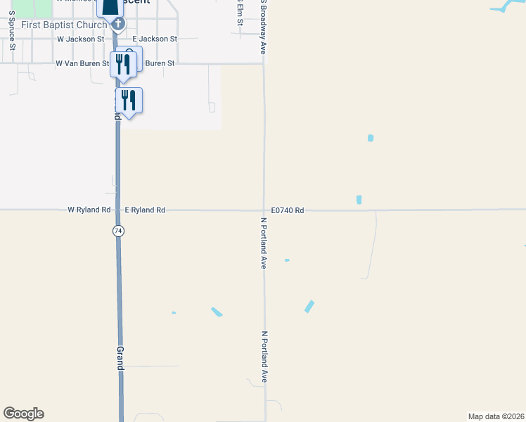 map of restaurants, bars, coffee shops, grocery stores, and more near North Portland Avenue in Crescent