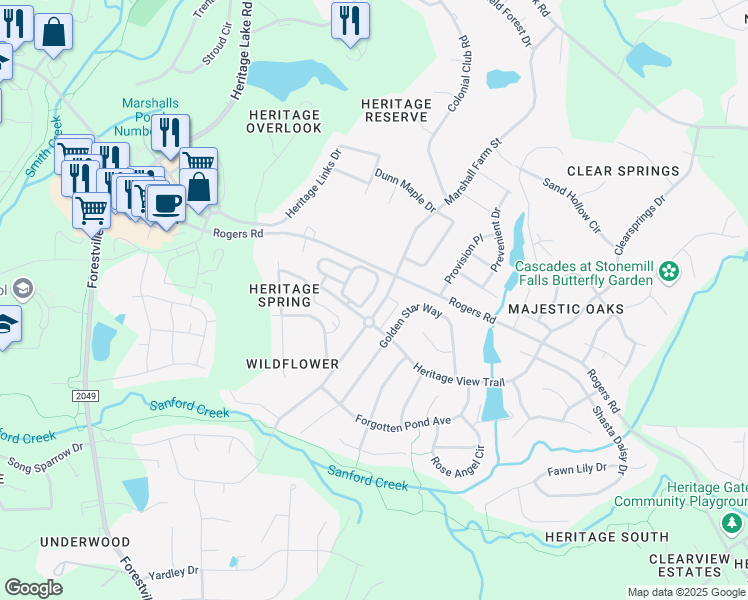 map of restaurants, bars, coffee shops, grocery stores, and more near 1110 Willowgrass Lane in Wake Forest