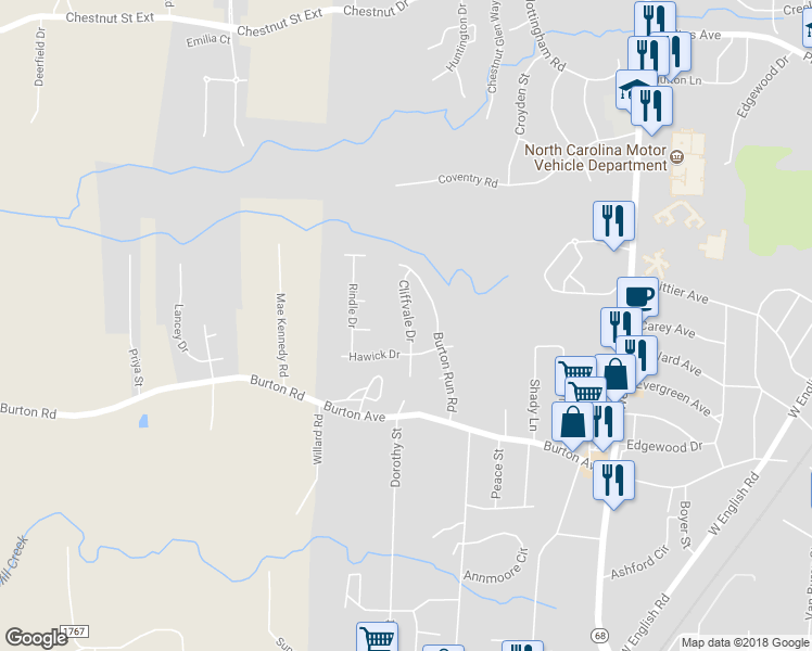 map of restaurants, bars, coffee shops, grocery stores, and more near 1232 Burton Avenue in High Point