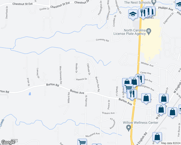 map of restaurants, bars, coffee shops, grocery stores, and more near 2126 Cliffvale Drive in High Point